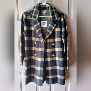 Anne Klein Black and Cream Plaid Pea Coat